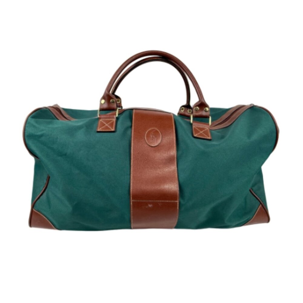 Vintage Polo Ralph Lauren Green Canvas Leather Trim Weekender Duffel Travel Bag